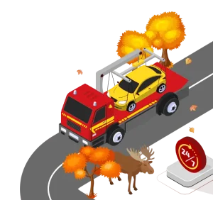 Piirroskuva, jossa hinausauto tiellä lavallaan keltainen henkilöauto.